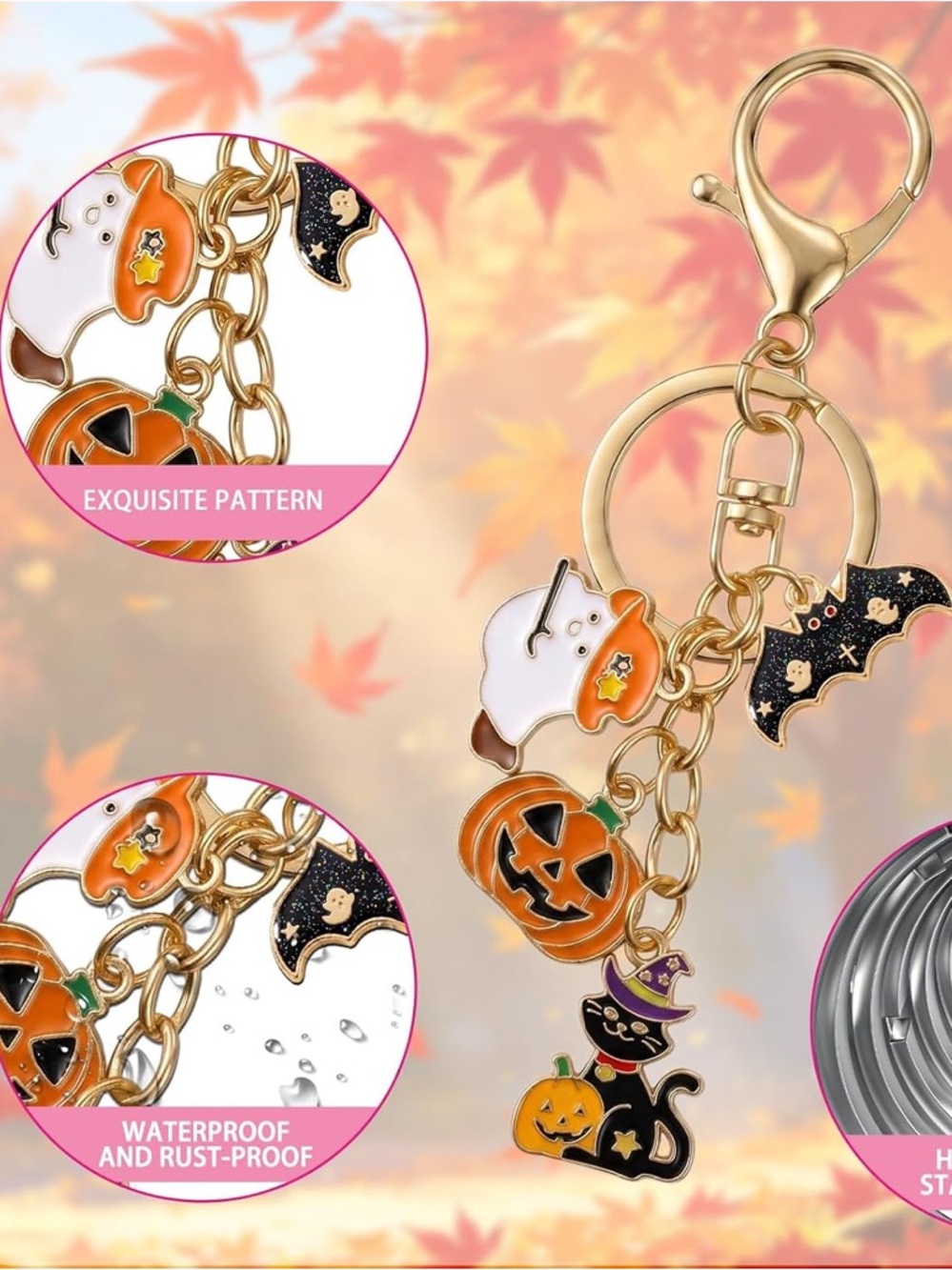 Halloween Charm Keychain - Gold Tone with Orange, Black, White Charms - Picture 3 of 6